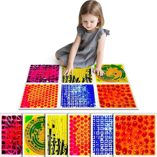 Sensory Floor Lava Tiles: Sensory Liquid Tiles Colorful Liquid Fusion Activity Play Mat, Textured Sensory Lava Set, for Ages 3 to Adult, 11.8" X 11.8", Set of 6 Square Multicolor