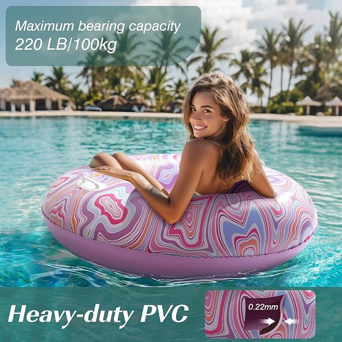 HeySplash Pool Tubes for Adult, 42 Inch Large Pool Floats with Handles, Inflatable Swim Rings Lounge, Hawaii Fun Swim Floaties Swimming Pool Beach Lake River Party Decoration Toys,Colorful Pink Ripple