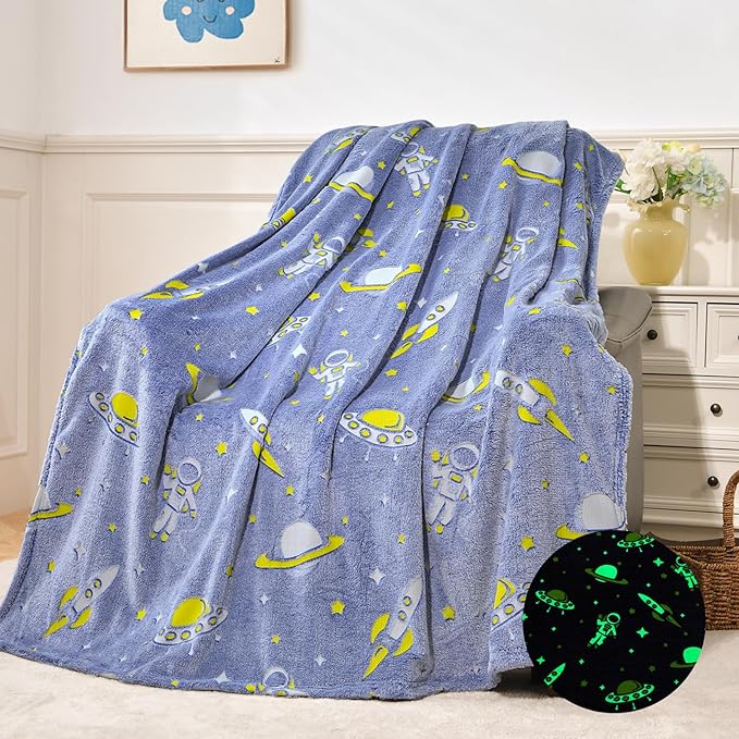 QSTEHEML Space Glow in The Dark Blanket,Galaxy Gifts Toys for Kids Boys Age 3-12 Years Old,Birthday, Decor for Child, Toddler, Teen and Grandkids Soft Throw 50"×60"
