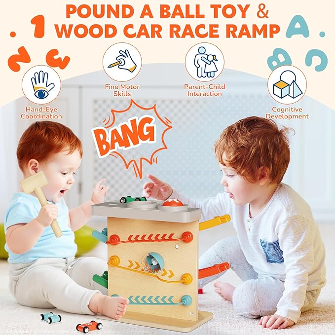 Toddler Toys for 1 Year Old Boy Girl 2 in 1 Pound Ball Toy & Car Ramp Race Track Learning Early Developmental & Educational Montessori Toys for Toddler 1-3 Year Old Birthday Gifts