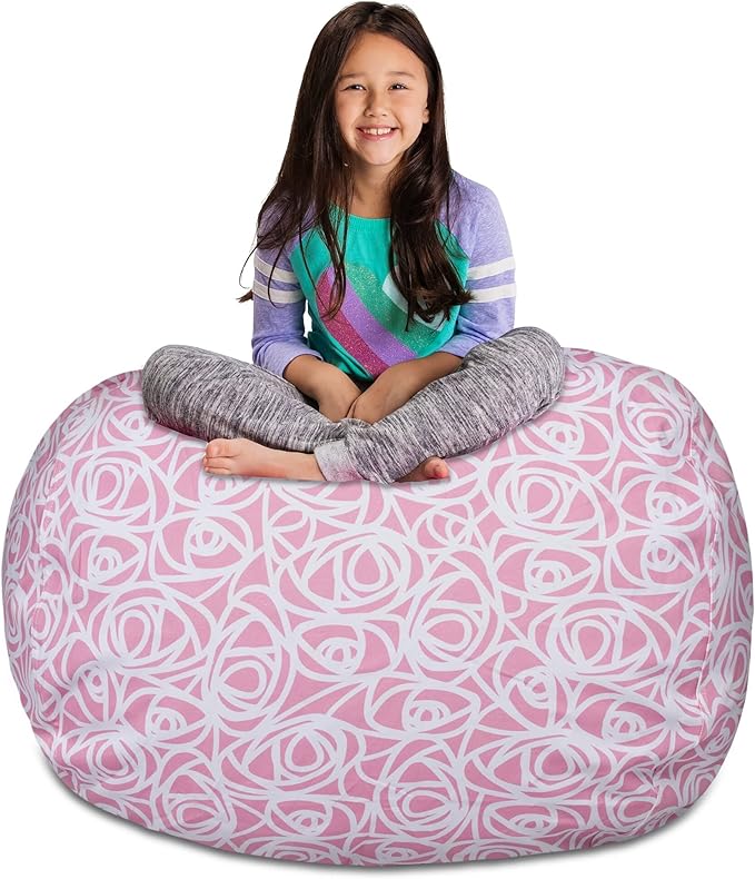 Posh Creations Kids Stuffed Animal Storage Bean Bag Chair Cover - Childrens Toy Organizer, X-Large-48in, Canvas Roses Pink