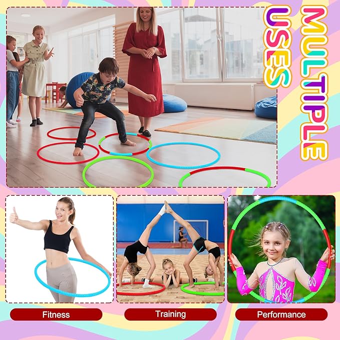 Sratte 12 Pcs Toy Hoop for Kid Detachable Adjustable Toy Hoop Colored Exercise Ring Plastic Circle for Kid Teen Gymnastics Equipment Require Self Assembly(28 Inch,Red,Blue,Green)