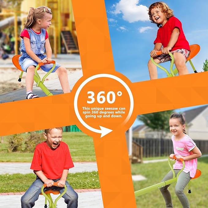 SUPER DEAL Teeter Totter Kids Seesaw, Outdoor Playground Equipment 360 Degrees Rotate All Steel Extendable Tubes for Toddlers Children Backyard, Green and Orange, 4 Seat