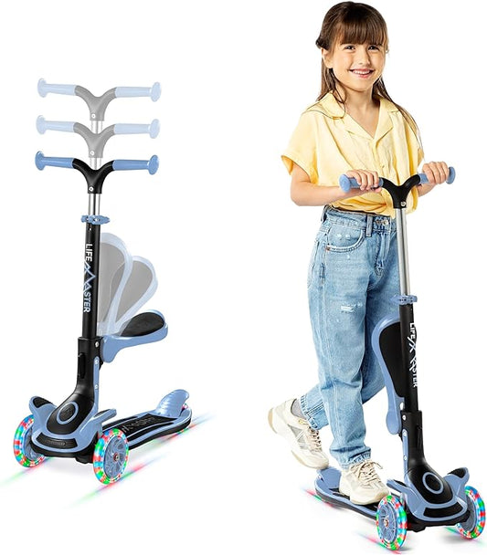 Kids Scooter – Foldable Seat – LED Wheel Lights Illuminate When Rolling – Children and Toddler 3 Wheel Kick Scooter – Adjustable Handlebar – Indoor and Outdoor- by Lifemaster
