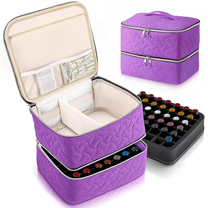 DreamGenius Nail Polish Organizer Case Holds 42 Bottles, Portable Double-Layer Nail Polish Storage Bag with Adjustable Dividers for Manicure Tools, Purple