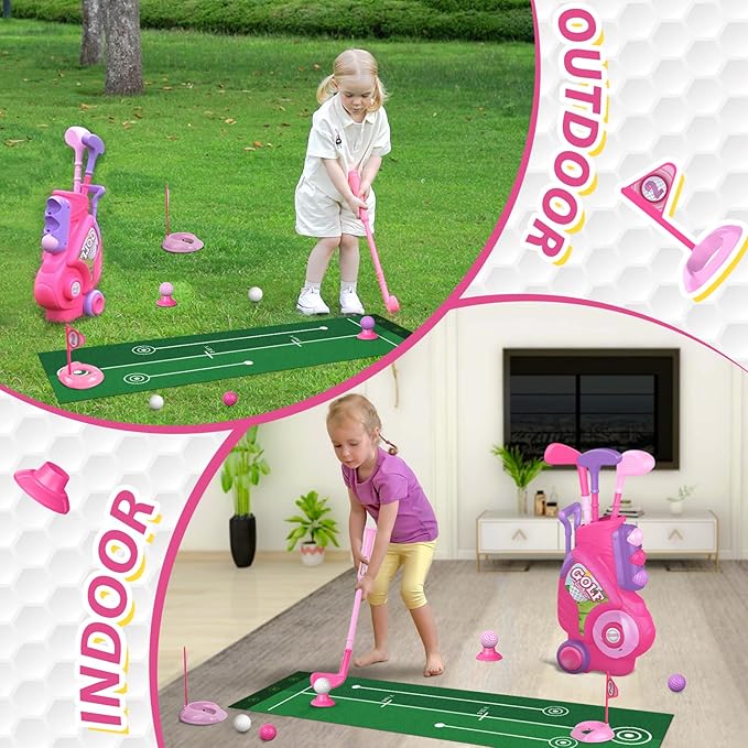 Liberry Toddler Golf Set for 2 3 4 Years Old Girls Boys, Upgraded Kids Golf Clubs Set with Golf Cart, Putting Mat, Outdoor Indoor Sports Toy Birthday Gift, Pink