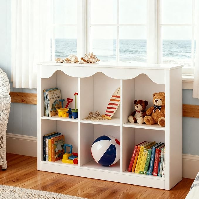 Kids Bookshelf Toy Storage Organizer Wooden Book Shelf Montessori Bookcase 6 Cube Dutch Design,Milkywhite