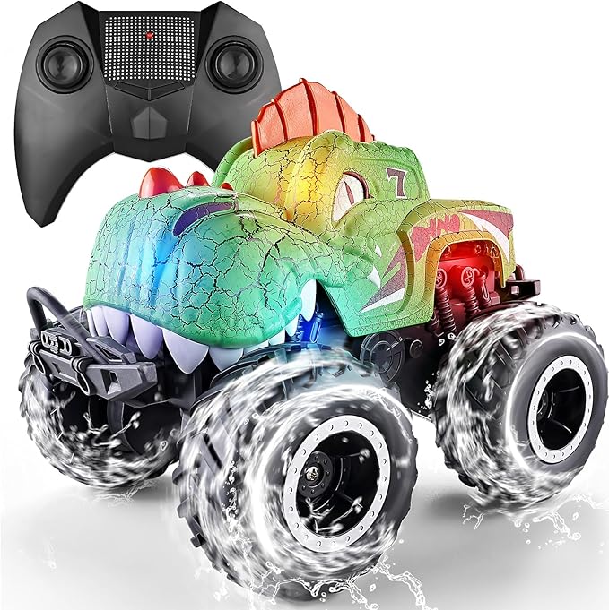 Monster Truck Toys, 1:20 Waterproof Dinosaur Monster Trucks for Boys Age 4-7, 2.4GHz All Terrain RC Cars with 2 Batteries, 360° Rotating Stunt RC Car Toy Birthday Gift for Kids 3-5
