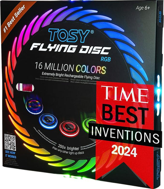 TOSY Flying Disc - 108 RGB Multicolor or 36 Monocolor LEDs, Super Bright, Smart Modes, Christmas Stocking Stuffers Gift, Camping Toy for Kid/Teen/Adult, Auto Light Up, Rechargeable, Waterproof, 175g