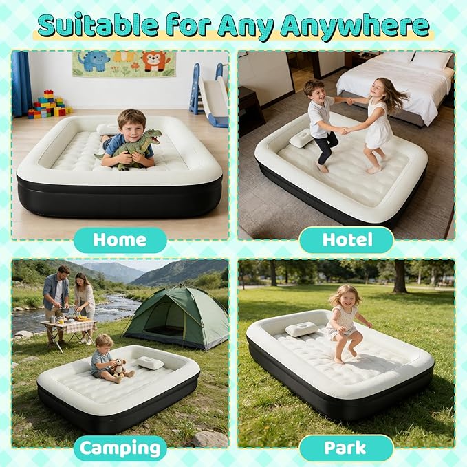 Inflatable Toddler Travel Bed - Toddler Blow Up Mattress with Safety Sides - Kids Air Mattress with Electric Pump & Carry Bag - Lightweight Camping Portable Bed for Sleeping Outddor - 64inch