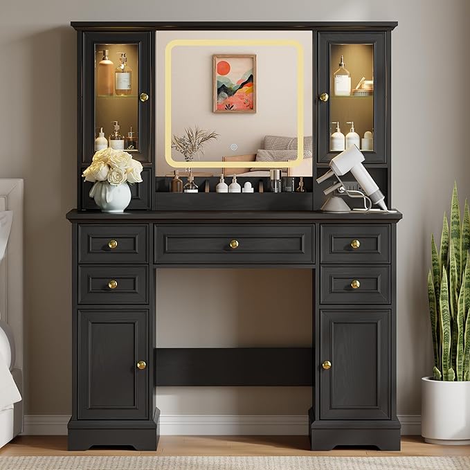 43'' Makeup Vanity with Mirror and Lights, Farmhouse Vanity Desk with Drawers & Charging Station, 3 Lighting Modes & Adjustable Brightness, Glass Cabinet, Dressing Table for Bedroom, Black