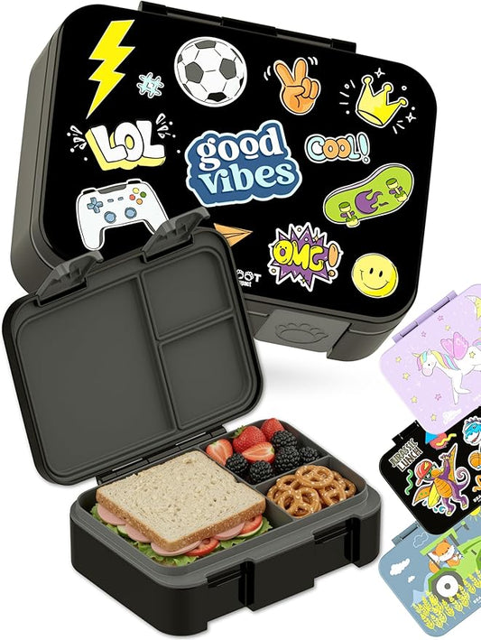 BEARFOOT Kids Lunch Box with Compartments – Compact & Lightweight | Leak-Proof, BPA-Free, Dishwasher & Microwave Safe | Hand-Drawn Design for Preschool, School, Travel (Sticker Black, 2.75 Cups)