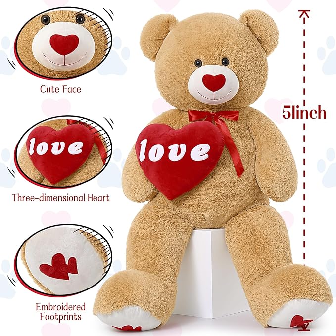 MorisMos Love Heart Giant Teddy Bear 4.3ft, I Love You Large Bear for Girlfriend, Soft Valentine Stuffed Animals Plush Gift for Boyfriend, Brown, 51Inch