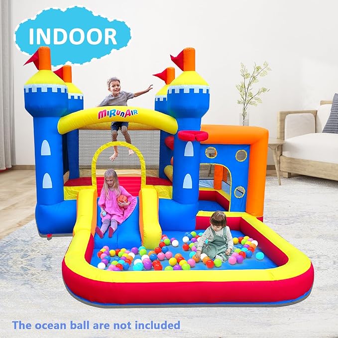 Inflatable Bounce House, Bouncy House for Kids 3-10 Ages, Jumping Castle with Air Blower,Carry Bag, Ball Pit, Basketball Hoop, Slide