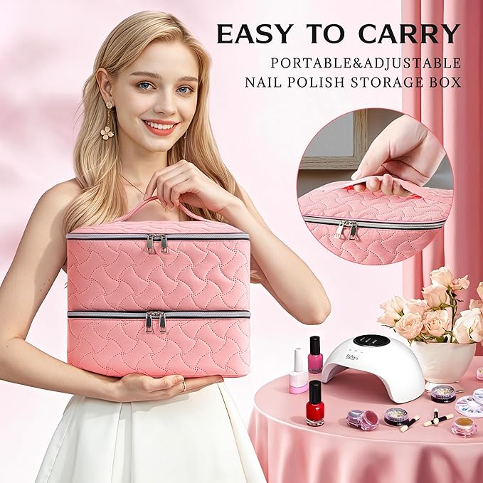 DreamGenius Nail Polish Organizer Case Holds 42 Bottles, Portable Double-Layer Nail Polish Storage Bag with Adjustable Dividers for Manicure Tools, Pink