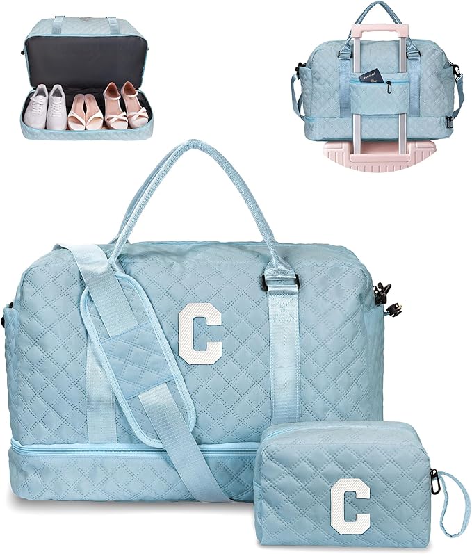 Birthday Gifts for Women-Initial Duffle Bag, Personalized Monogram Overnight, letter Travel Bag with Shoe Compartment and Makeup Bag
