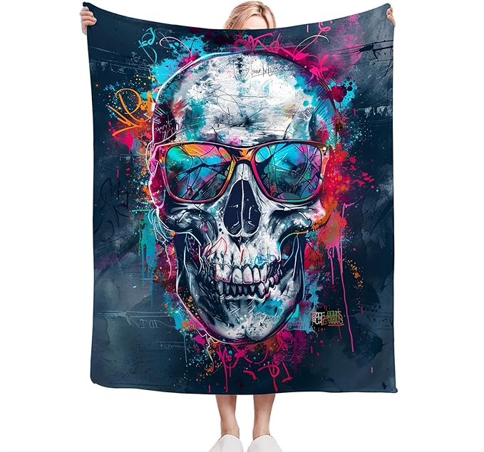 Skull Blanket Fleece Soft Warm Plush Cool Skull Throw Blanket Lightweight Plush Fuzzy Cozy Graffiti Skeleton Blankets for Kids Adult Suitable for Couch Sofa Bed 80"X60"