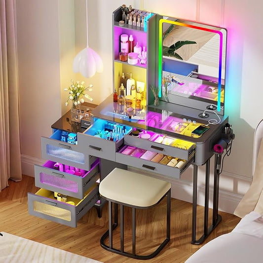 HNEBC Vanitys with HD Glass Display Table, Makeup Desk with Lighted Mirror and Charging Station, Dressing Table with RGB Lights,Jewelry Organizer,Cabinet,6Drawers,Chair for Women/Girls (Grey)