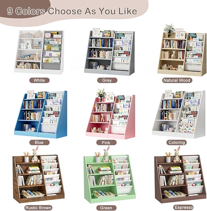 Kids Bookshelf Toy Storage Organizer 4-Tier Wood Book Rack Toddler Bookcase Baby Book Toy Display Shelf 5 Sling Bookshelf for Playroom Bedroom Nursery Classroom Church Espresso