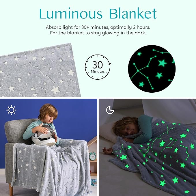 Joiedomi Glow in The Dark Blanket Space Star Gifts Toys for Girls Boys Age 2 3 4 5 6 7 8 9 10 11 12 Year Old Boy Gifts, Soft Cozy Flannel Kids Throw Blanket, Birthday Bedroom Decor 50"×60"