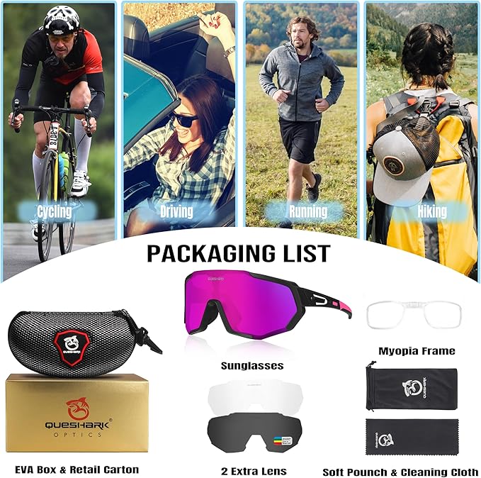 Queshark Cycling Glasses, Sports Sunglasses for Men Women, 1 Polarized 2 HD Lens, Polarized Sunglasses for Cycling Running