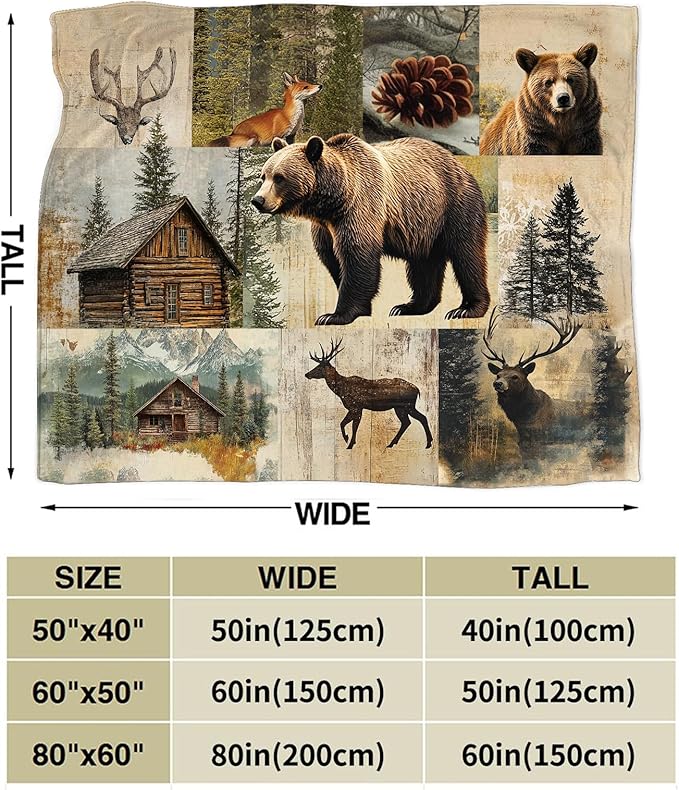 Cabin Bear Blanket, Rustic Bear Deer Fleece Blanket Gifts for Boys Girls, Warm Cozy Soft Flannel Stuff for Bed Sofa Couch 60" x 50"