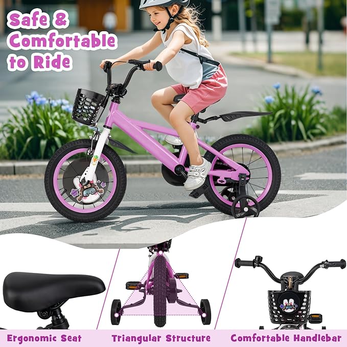 BABY JOY Rabbit Pilot Sporty Kids Bike, 12 14 16 18 Inch Child Bike for 3-8 Years Old with Adjustable Height, Training Wheels, Storage Basket, Handbrake & Coaster Brake, Kids Bicycle for Girls Boys