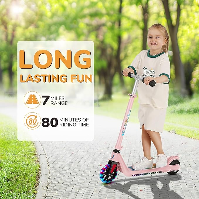 Caroma Electric Scooter for Kids Ages 6-14, 150W/180W Motor,10 MPH Max Speed & 7 Miles,Adjustable Height & Speed,Colorful Lights,LED Display,Foldable Kids Electric Scooter 132 Lbs Max Load