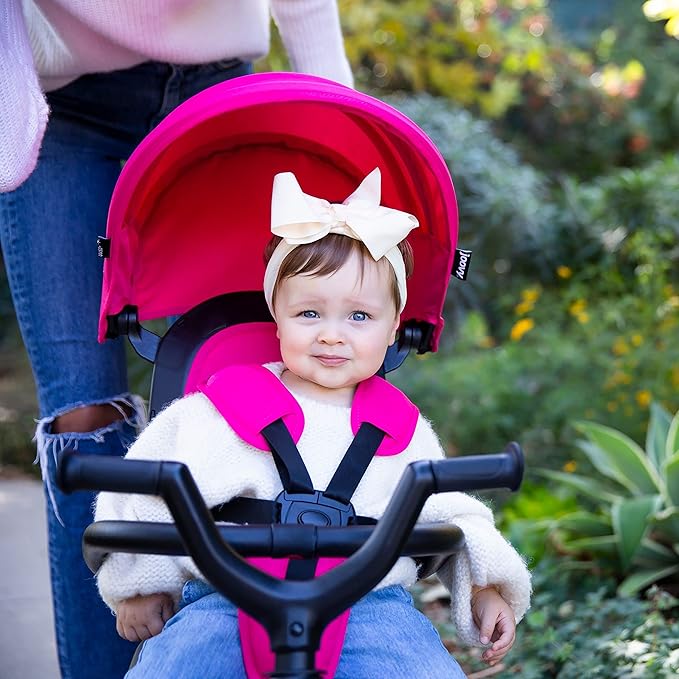 Joovy Tricycoo UL Kids Tricycle with 8 Stages Featuring 3 Rubber Tires, Removable and Adjustable Parent Handle, Safety Harness, 3-Position Recline Seat, and Retractable Canopy, Pink Crush