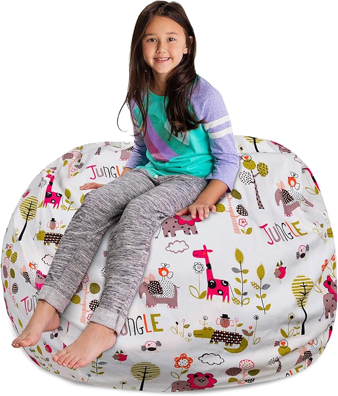 Posh Stuffable Kids Stuffed Animal Storage Bean Bag Chair Cover - Childrens Toy Organizer, X-Large-48 - Canvas Jungle White
