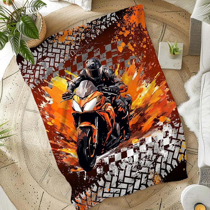 Motorcycle Blanket for Kids Boys Blankets Gift for Son Grandson, Cool Cozy Soft 50 x 40 Inches Flannel Throws for Bed Travel Sofa Living Room