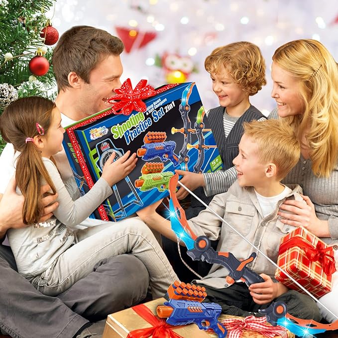 SpringFlower 2 Bow and Arrow Sets with LED Light-up,2 Foam Dart Guns for Kids 5 6 7 8 9 10+ Years Old, Archery Set with Standing Target for Boys & Girl, Ideal Gift