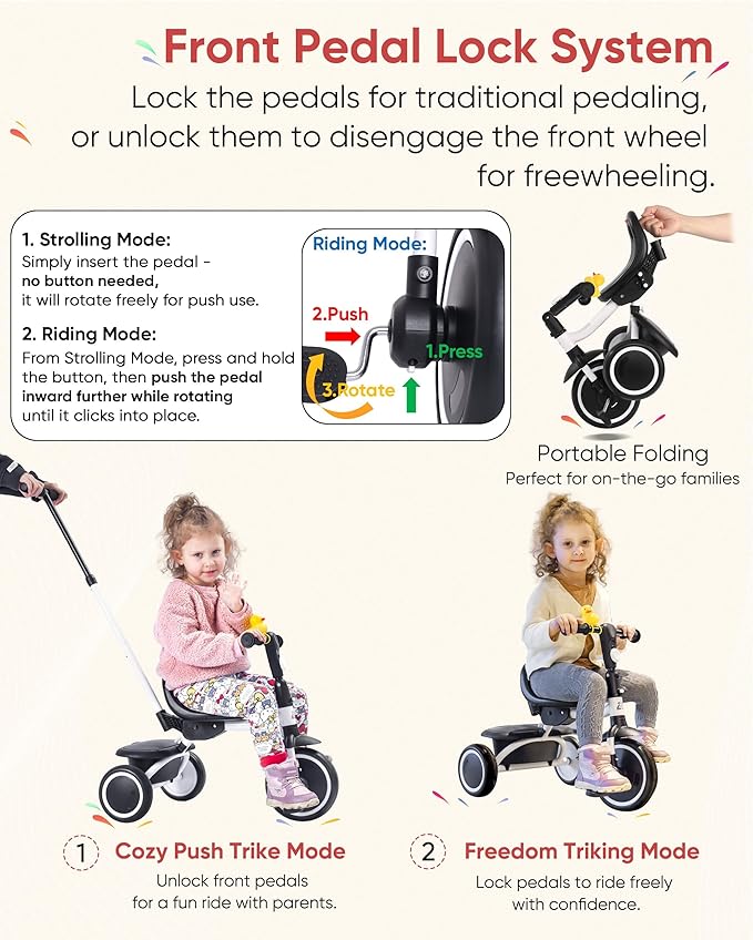 Tricycle for Toddlers 18 Months to 5 Years with Removable Push Handle, Tricycles for 3-5 Year Olds Ideal for On-The-Go Families, Adjustable Carry-Friendly Seat, White