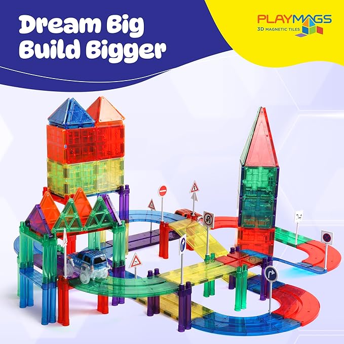 Playmags Magnetic Tiles Race Track Set - 200 Piece STEM Engineering Building Blocks with 2 LED Race Cars, Educational Magnet Toy for Kids