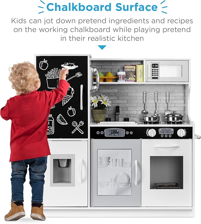 Best Choice Products Pretend Play Kitchen Wooden Toy Set for Kids w/Realistic Design, Telephone, Utensils, Oven, Microwave, Sink - White