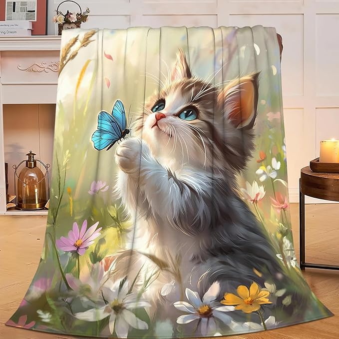 Cat Blanket Gifts for Girls Boys Blue Butterfly Throw Blankets Cozy Plush Cute Flower Fleece Lightweight Flannel Fuzzy 80"X60"
