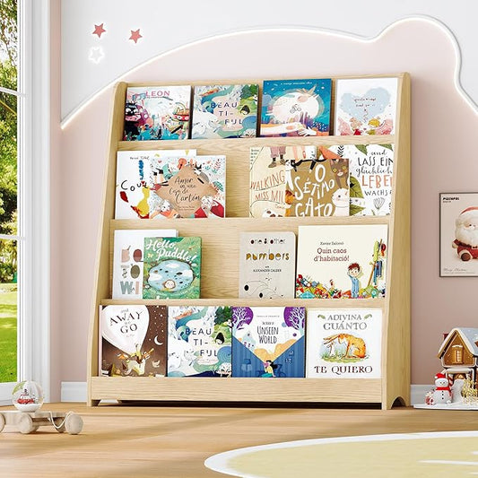 4 Tier Kids Bookshelf and Toy Storage Organizer, Child-Friendly Height & Stable Triangle Design, Toddler Book Shelf for Kids Room, Playroom, Bedroom, Classroom, Nursery, School, Natural