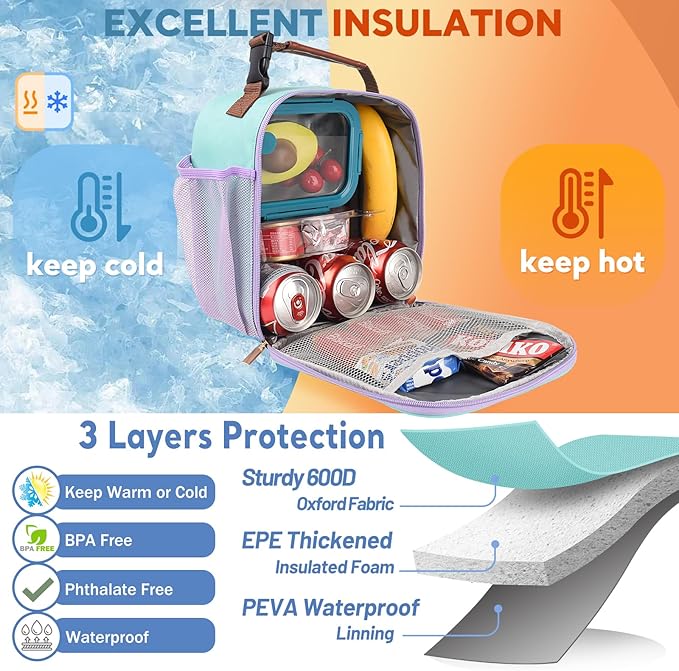 Genteen Lunch Box Reusable Lunch Bag for Men Women Kids Adults,Insulated Lunch Bag Waterproof LunchBox Cooler,Small LunchBox With Side Pockets for Work Office School Travel Picnic-Light Green