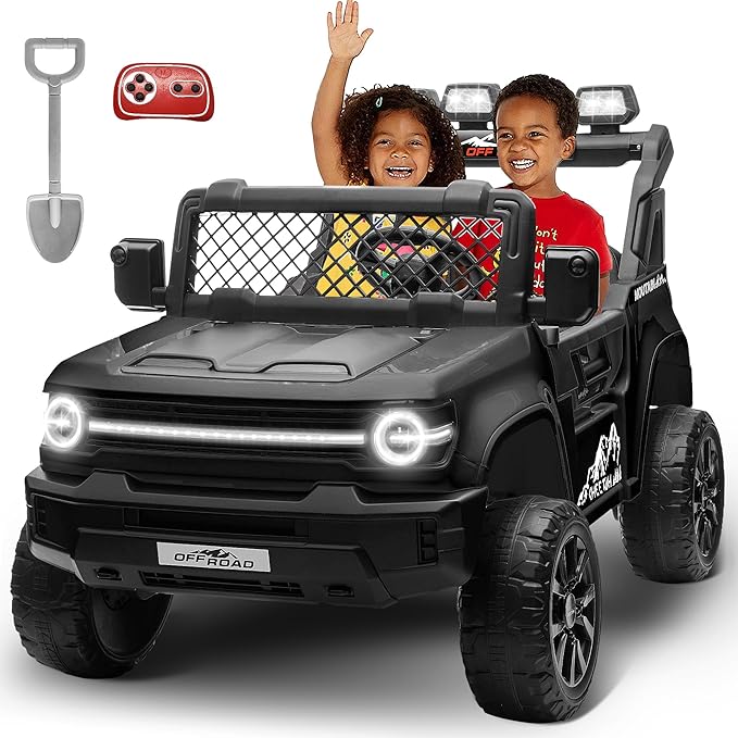 24V Ride on Toys for Big Kids, 2 Seater Electric Car w/22'' Large Seat, Remote Control, Shovel, 4X200W Engines, 4WD/2WD Switchable, Truck Bed Storage, Ride On Truck Toy for Boy Girl, Black