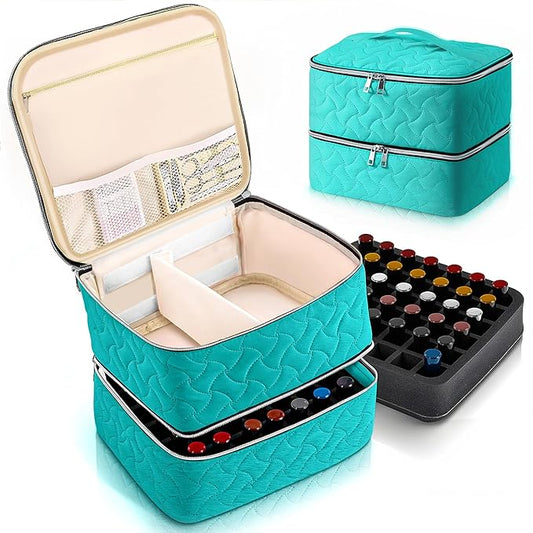 DreamGenius Nail Polish Organizer Case Holds 42 Bottles, Portable Double-Layer Nail Polish Storage Bag with Adjustable Dividers for Manicure Tools, Blue