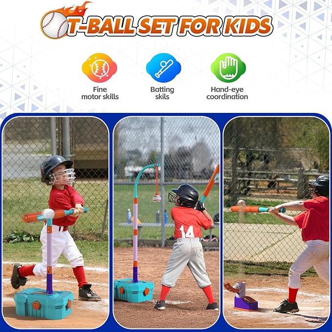 Kids Basketball Hoop and T-Ball Set for Kids 3-5, 4 Adjustable Toddler Basketball Hoop Indoor Outdoor Kids Toys Birthday Gift for Boys Girls