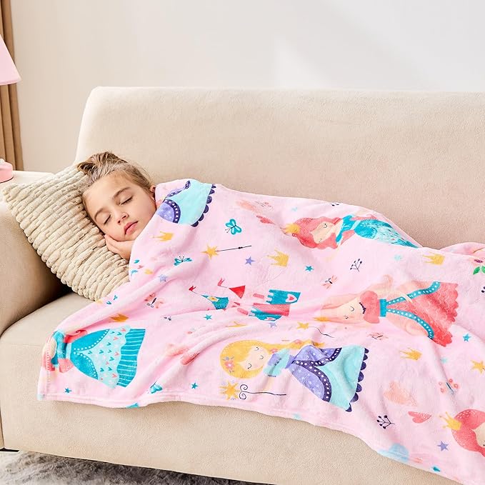 Wajade Kids Pink Princess Blanket for Girls Soft Fleece Blanket for Couch Sofa Bedroom Princess Fairy Tales Castle Throw Blanket for Kids Teens 50"x60"