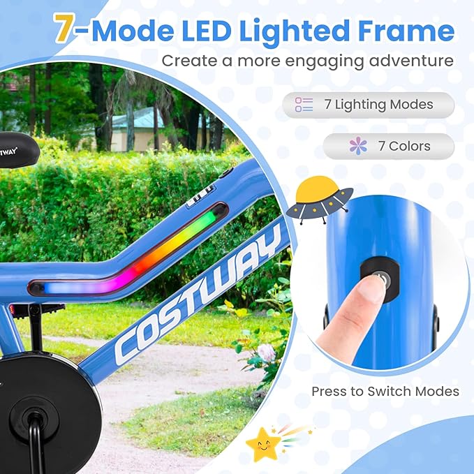 COSTWAY 16”/18” Lighted Kids Bike, Children Sport Bicycle with LED Light-up Frame, Adjustable Saddle, Training Wheels, Handbrake & Coaster Brake, Kids Riding Bike for 4-7/4-8 Years Old Boys & Girls