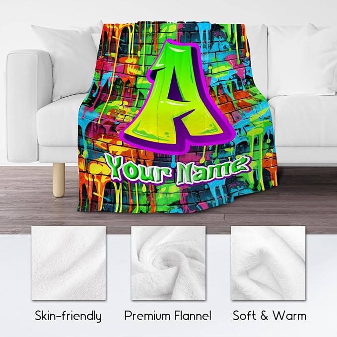 Custom Boys Blanket - Personalized Kids Blanket with Name - Graffiti Initial Gifts - 60"x80" Cozy Fleece Toddler Throws for Bed - Customized Gifts for Room Decor