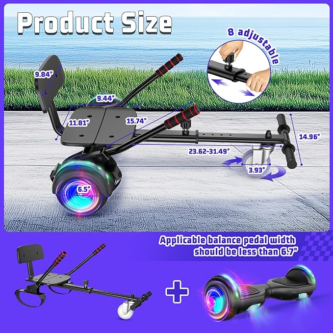 Scooter with Seat Attachment for Kids Adults, 6.5'' 8.5''Balancing Scooter with Bluetooth Speakers & Colorful LED Light with Kart