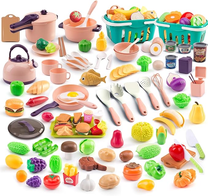 200Pcs Mini Play Kitchen Accessories for Kids, Pretend Cooking Playset with Cookware, Tableware & 2 Fruit Sets, Learning Gift for Girls, Boys, Toddlers, Pink