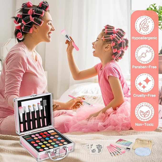 Anpro All-In-One Makeup Kit for Girls 10-12 with Case, Pro Teen Makeup Set, Tween Makeup Kit, Full Starter Make Up Kit with Brushes, Eyeshadow Palette, Blushes, Glitter Gel, Temporary Tattoo Stickers