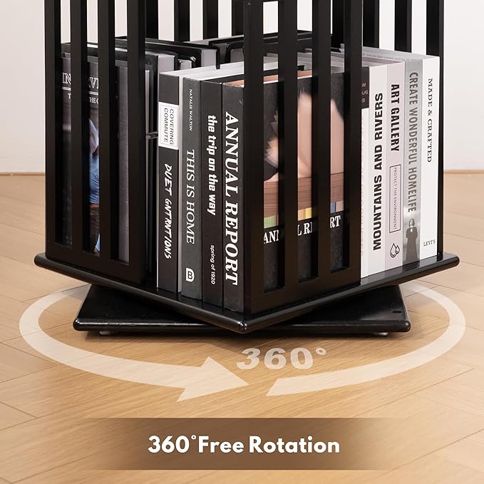 YOWOS Rotating Bookshelf Tower, 360 Display Spinning Bookcase, Bamboo Bookshelf Floor Standing Storage Rack, Wood Narrow Book Shelf Organizer for Kids&Adults (Black, 6 Tier)