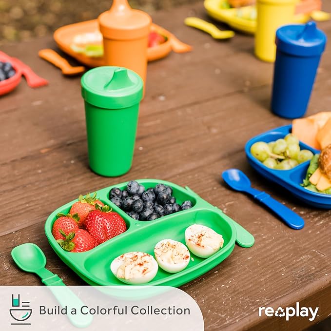 Re-Play Toddler Plates with Dividers - Deep-Walled 3 Compartments Divided Plates for Kids - Dishwasher & Microwave Safe - Made in USA - Set of 4-7.37" x 7.37" x 1.25" - Grey