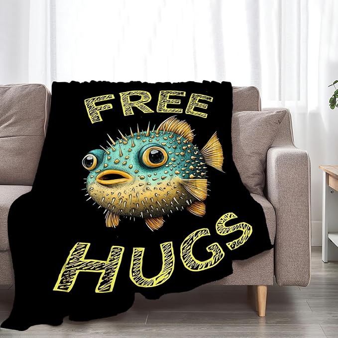 Puffer Fish Blanket Gifts for Girls Boys Soft Warm Plush Funny Puffer Fish Throw Blanket Flannel Fleece Fuzzy Cute Stuff Blanket for Bed Couch Living Room Decor 50"X40"